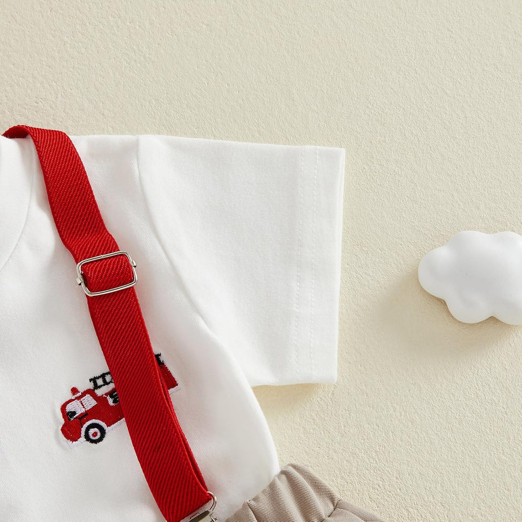 Toddler Baby Boy Summer Clothes Firefighting T Shirt Suspender Shorts Set