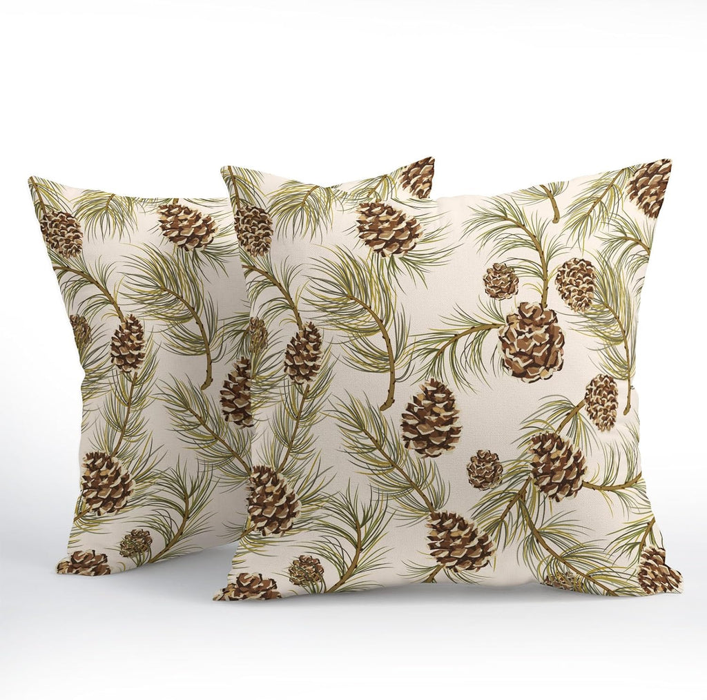Winter Pine Cone Pillow Covers 18x18 Inch Christmas Theme Pinecone Plant Outdoor Throw Pillows Rustic Xmas - Set of 2