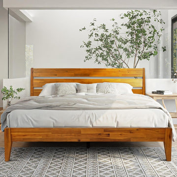 Emery Bed Frame with Headboard Solid Wood Platform Bed, King Size Bed Frame, Mid - Century Modern Wood Bed Compatible