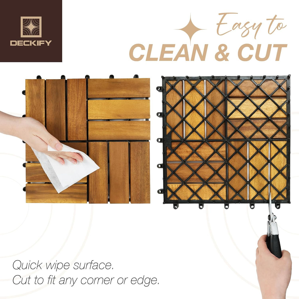 9Pcs Acacia Wood Interlocking Patio Deck Tiles, 12 x 12 x 0.9 Inch Outdoor Flooring, Waterproof for All-Weather Use