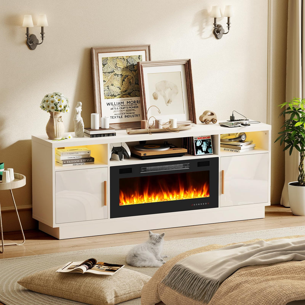 70" for TVs Up to 80" with 36" Electric Fireplace Heater LED Light Media Console Storage Cabinet, White Entertainment