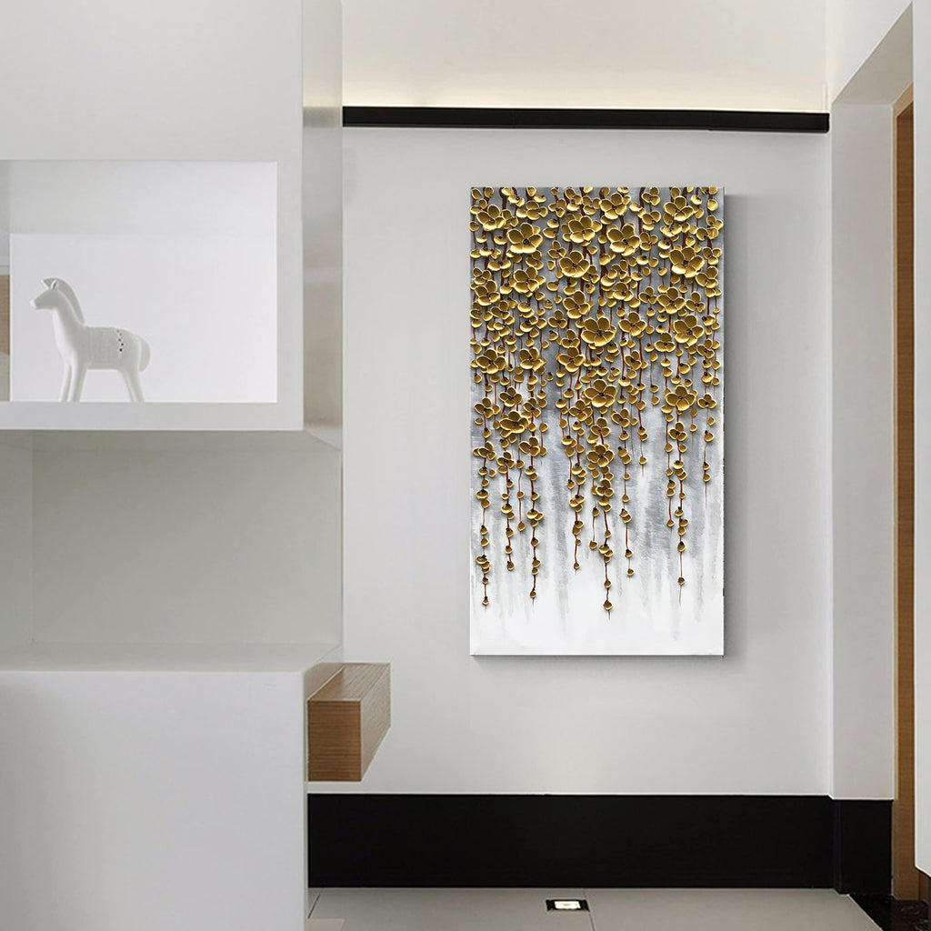 3D Vertical Abstract Canvas Oil Painting Wall Art, 116x57cm Golden Flower Painting Wall Art, Home Living Room Wall