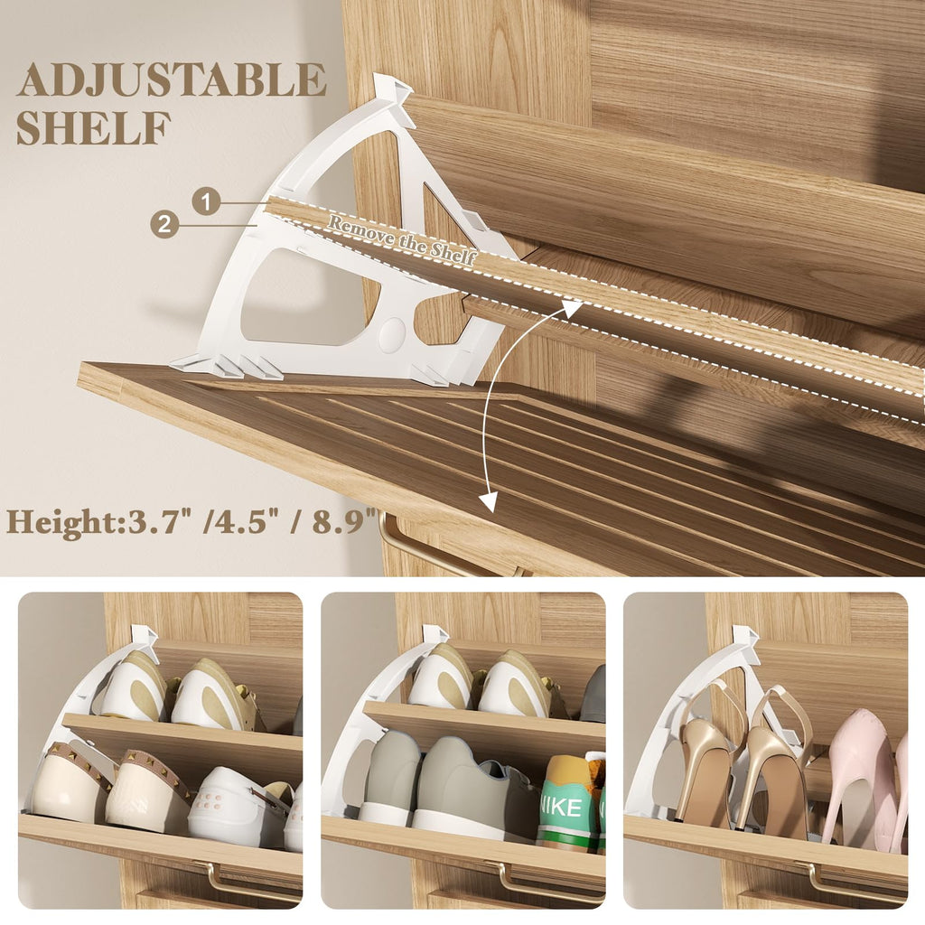 Boho Narrow Shoe Cabinet Storage, Natural Oak Hidden Shoe Rack