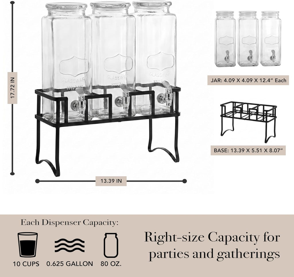 Triple Chalkboard Beverage Dispensers with Metal Stand & Spigot, Glassware for Water, Iced Tea, Punch, Cold Drinks