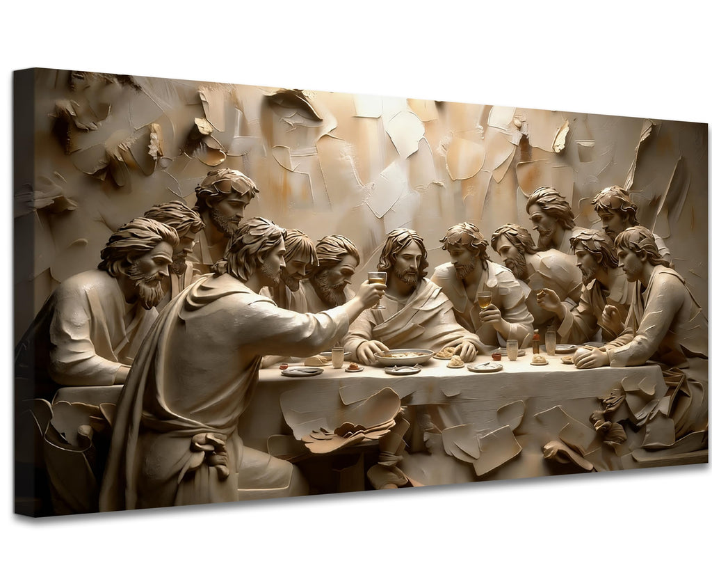 The Last Supper Wall Art Canvas, Modern Flat Printed Stone Relief Look Christian Jesus Artwork, Gallery-Wrapped