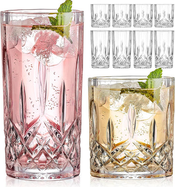 Drinking Glasses, 8 Piece Crystal Glass Cups, Mixed Glassware Set, 4 pcs Crystal Old Fashioned 11oz Highballs and 4
