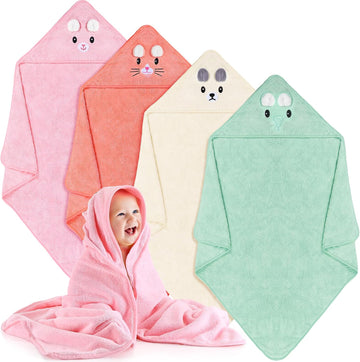 4 Pcs Baby Bath Towel 31.5 x 31.5 Inch Coral Fleece Baby Hooded Towel Absorbent Soft Babys Towels for Newborn Cartoon