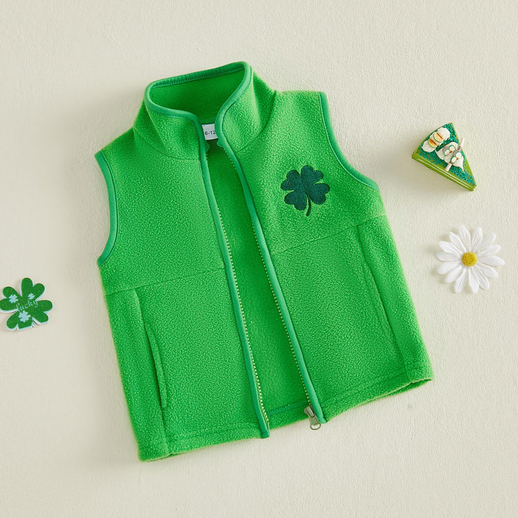 Toddler Irish Fleece Vest Jacket Clover Embroidered Sleeveless Zip-up Coat with Pockets for Baby Girls Boys