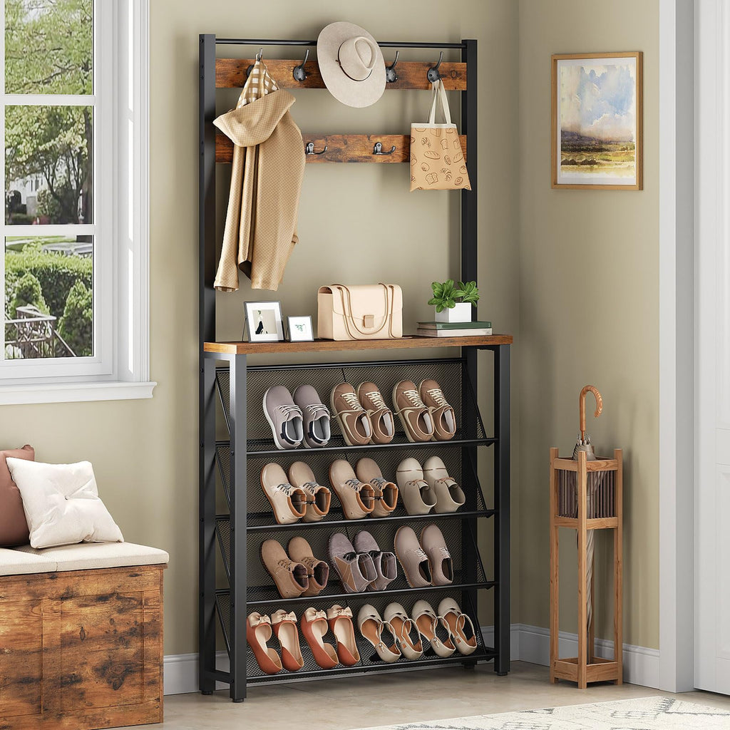 Hall Tree with Bench, Narrow Shoe Rack with Coat Rack, Coat Rack with Shoe Storage, 5 Tier Slanted Shoe Storage