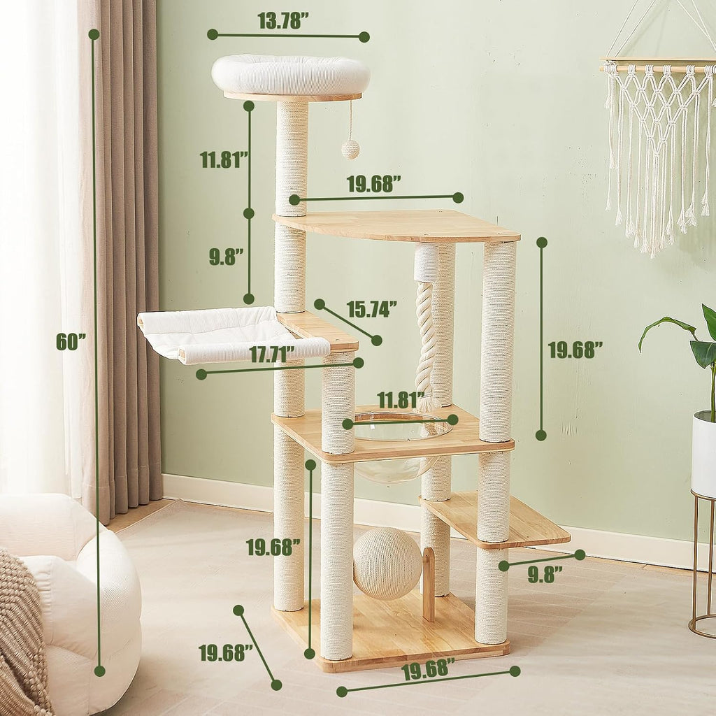 60 in Multi-Level Rubberwood Cat Tower