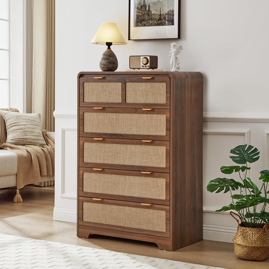 43" Tall 5 Drawer Dresser, Modern Wood Dresser, Walnut