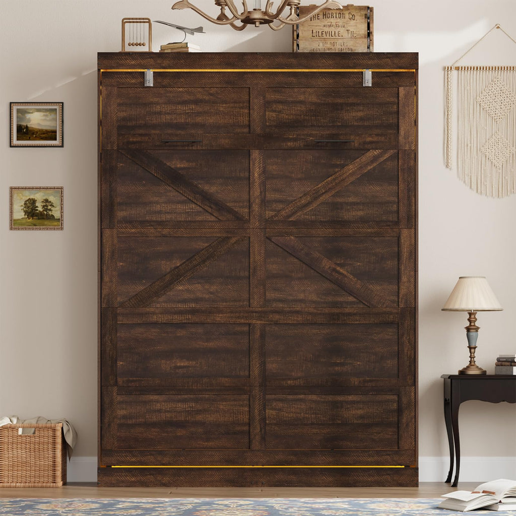 Queen Size Murphy Bed with 2 LED Lights, Farmhouse Wood Hidden Foldable Wall Bed Frame w/Gas Struts, Storage Bed