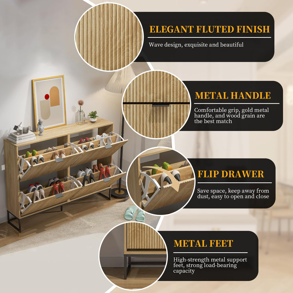 Shoe Cabinet Storage Slim Modern Shoe Rack Cabinet with 4 Flip Drawers Tipping Wooden Narrow Shoe Cabinet