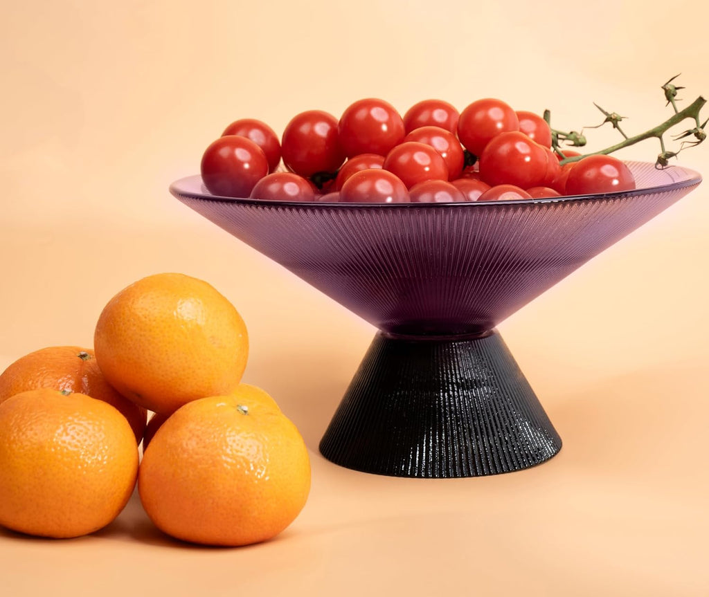 Tapered Glass Decorative Bowl(Purple), 9.8 Inches Handblown Glass Bowl with Modern Two-Tone Cone Shape,Decorative