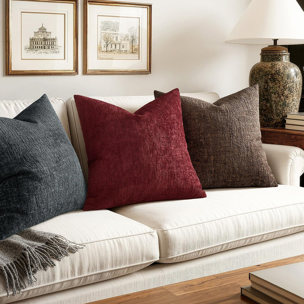 Christmas Couch Pillow Covers Textured Chenille 20x20 Burgundy - Set of 2