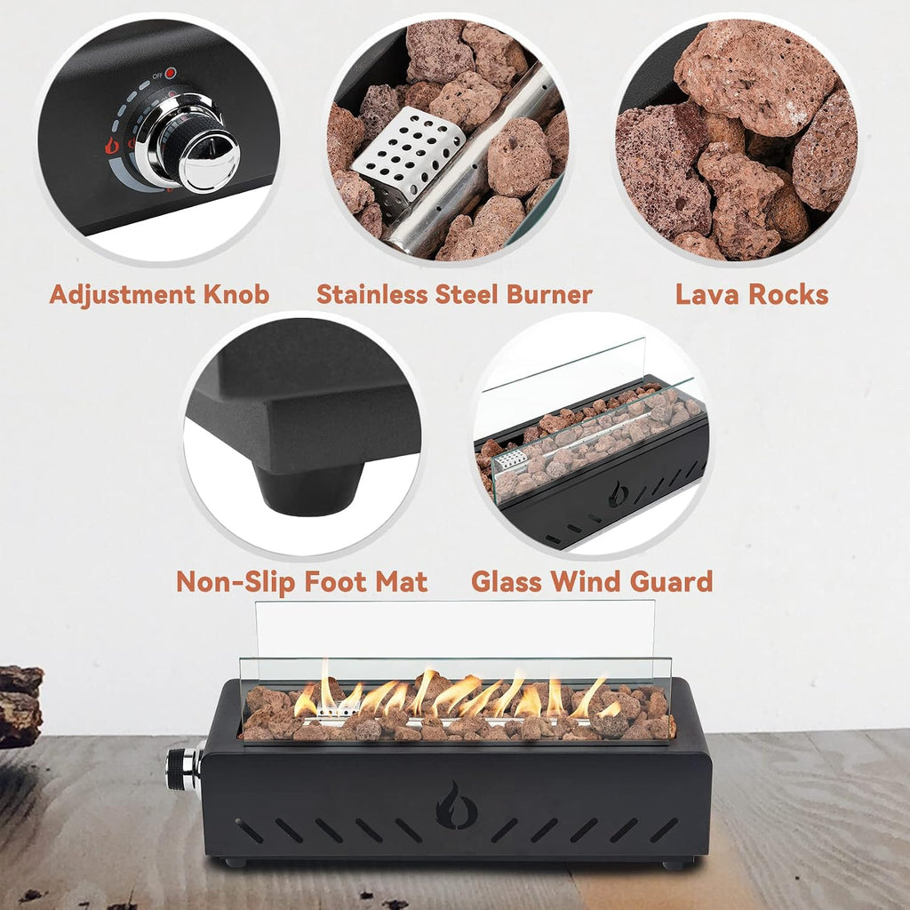 18 Inch Table Top Propane Fire Pit, Rectangular Tabletop Firepit with Lava Rocks, Glass Shield & 6.8 ft Hose