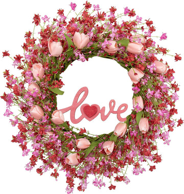 Valentines Day Wreath Decor, 22inch Artificial Pink Wreath with Tulip Berry Green Leaf Element, Valentines Wreaths