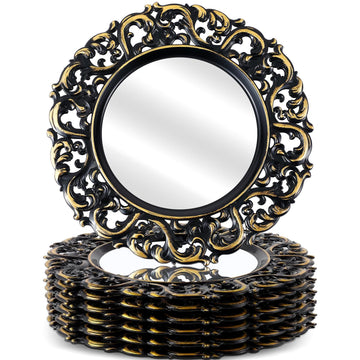 6 PC 13" Mirror Charger Plate Baroque Dinner Charger, Black and Gold