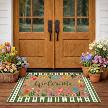 2 Pcs Summer Floral Door Mat Outdoor Wildflower Welcome Doormat for Front Door Linen Rubber Layered Flower Stripes