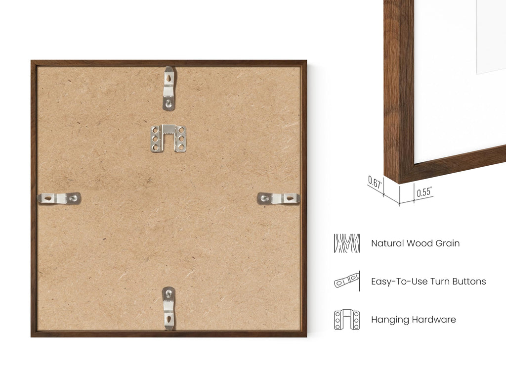 Walnut Oak Wood 10x10 Picture Frames - Set of 3, Square Frames with Mat, Minimalist Frames for Wall Art and Prints