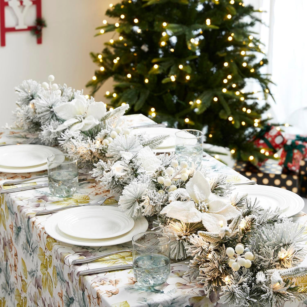 For Mantle, Pre-Lit Snow Flocked Greenery Garland Poinsettia Pine Garland with 50 Warm White Lights and Timer
