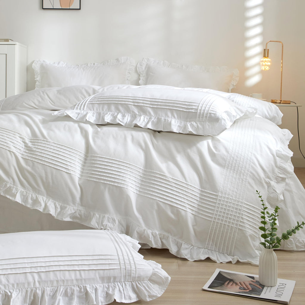 White Ruffle Duvet Cover 3 Pieces, 100% Cotton Bedding, 90x90