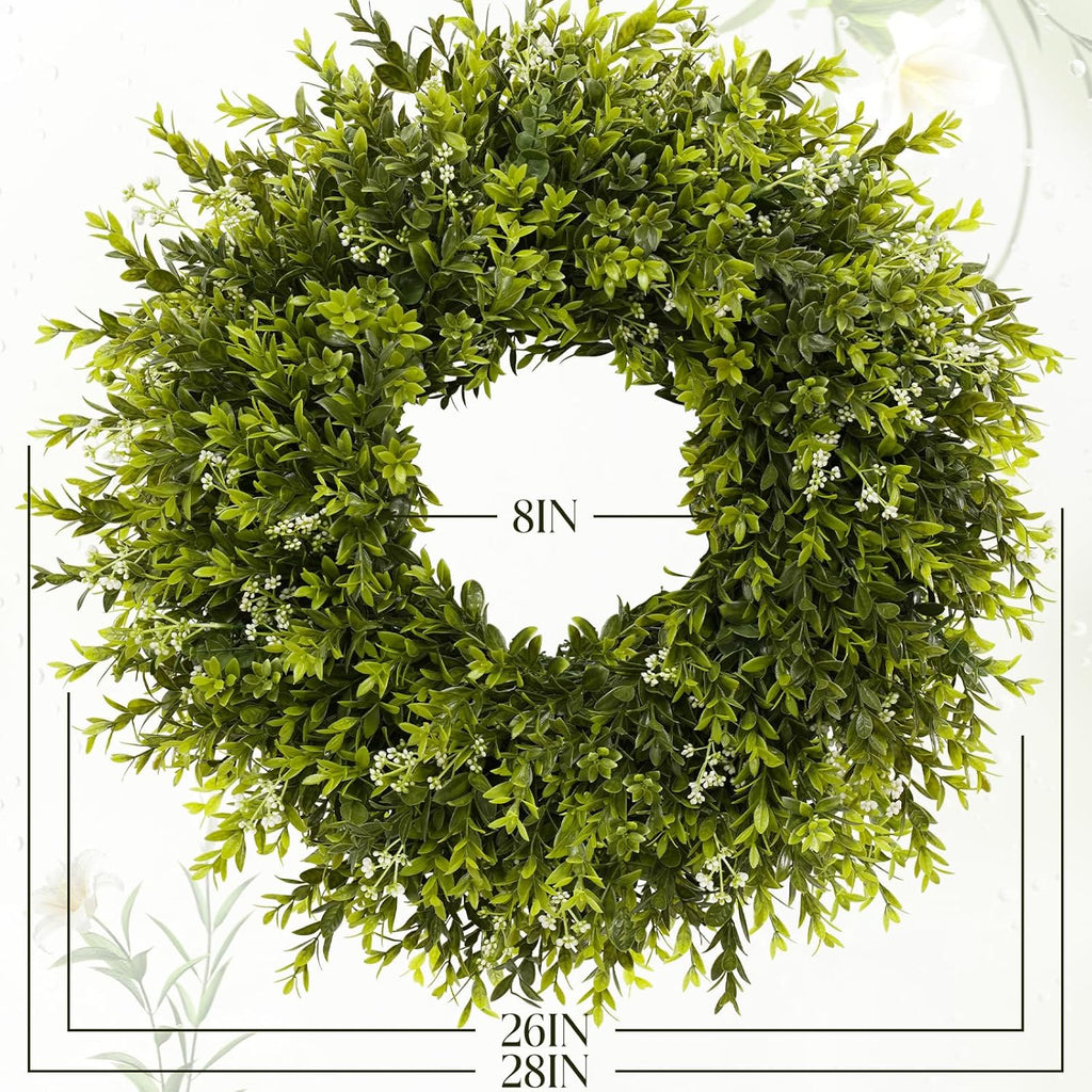 28'' Large Boxwood Wreath for Front Door Porch Window Artificial Boxwood Leaves with White Seed Greenery Outdoor