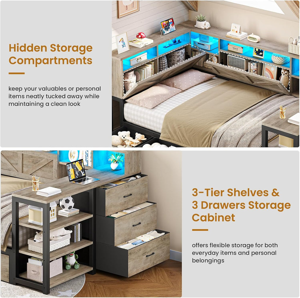 Corner Bed Frame with Desk, Bookcase Headboard, Storage Shelves & 7 Drawers, Farmhouse Twin Size Wood Platform Bed