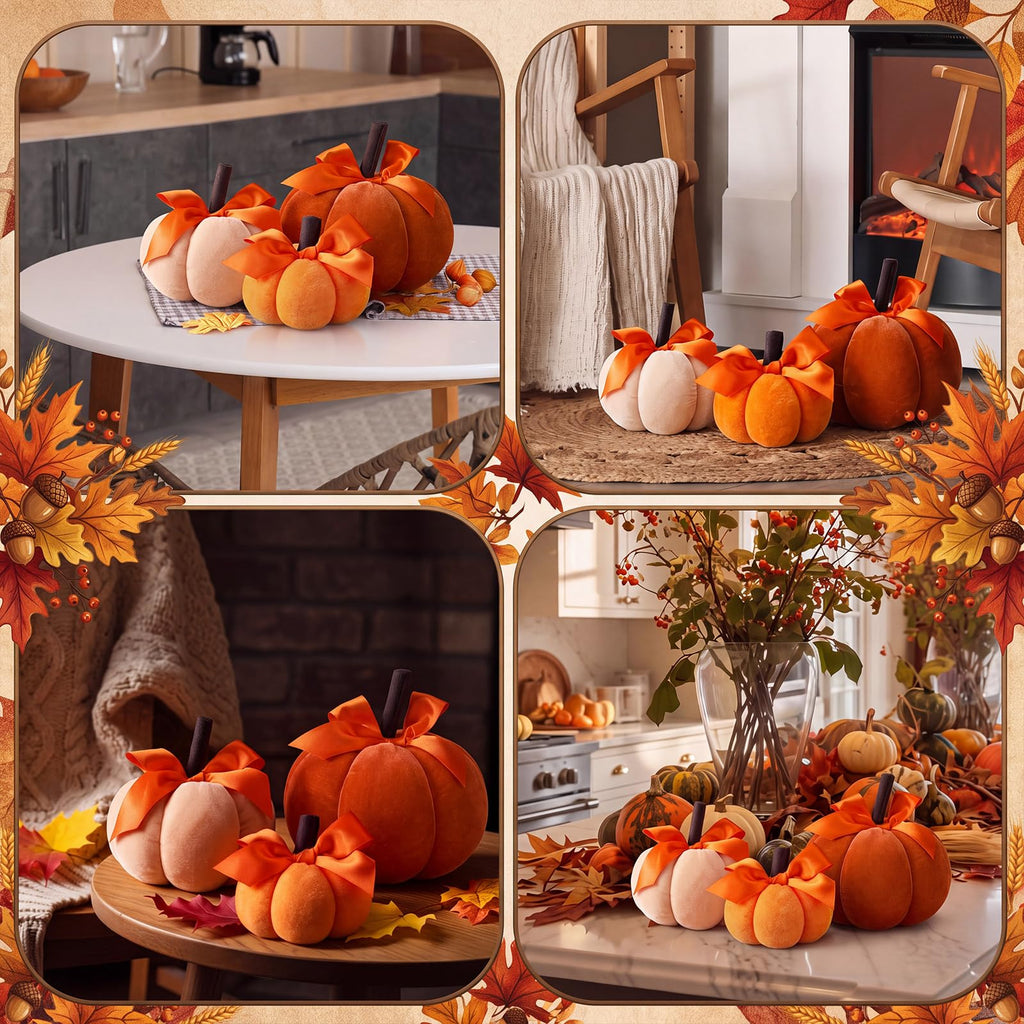 3 Pcs Fall Pumpkins Decor Velvet Farmhouse Pumpkins Decorative