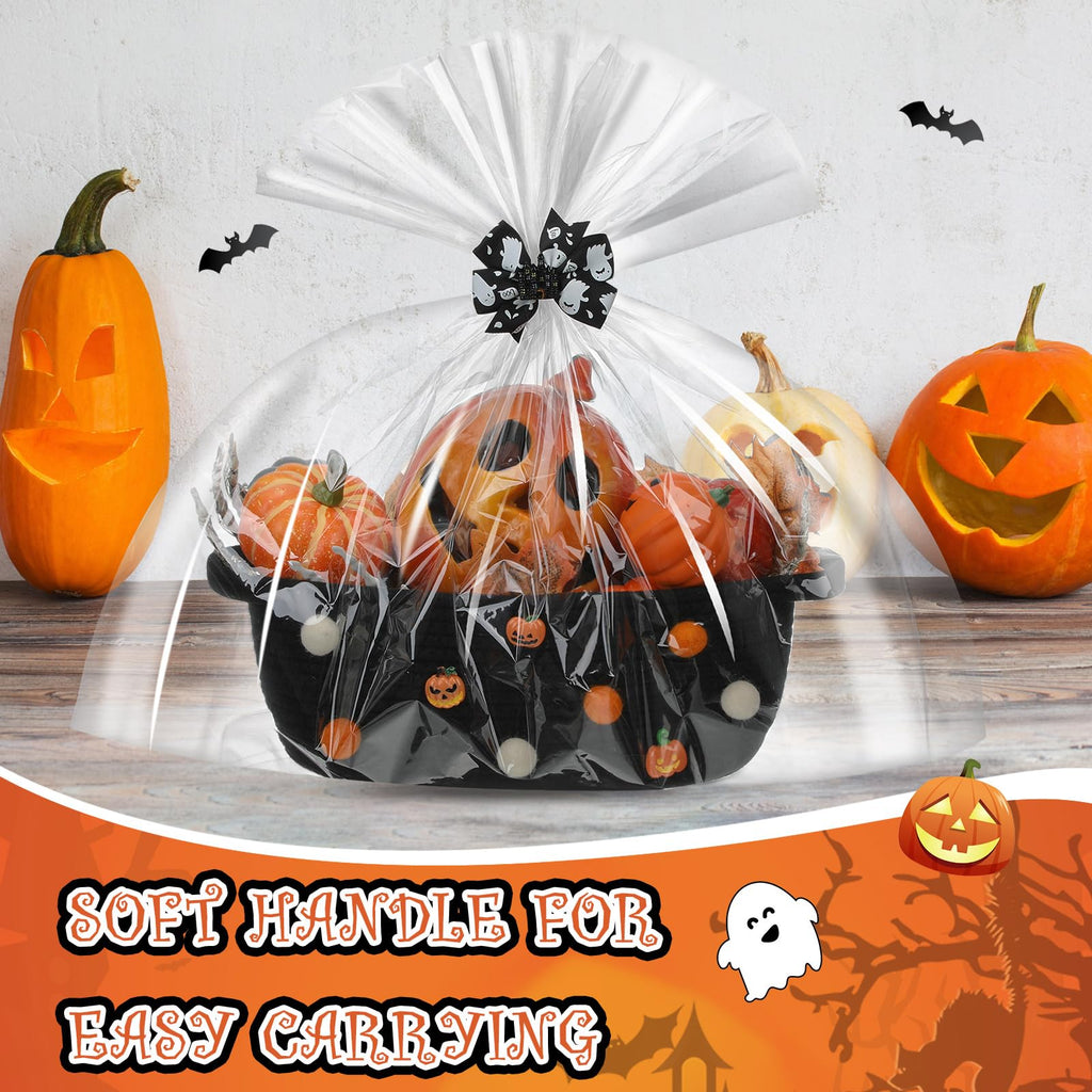 Halloween Woven Gift Basket Empty with Bow Clip Wrap Bag, Black