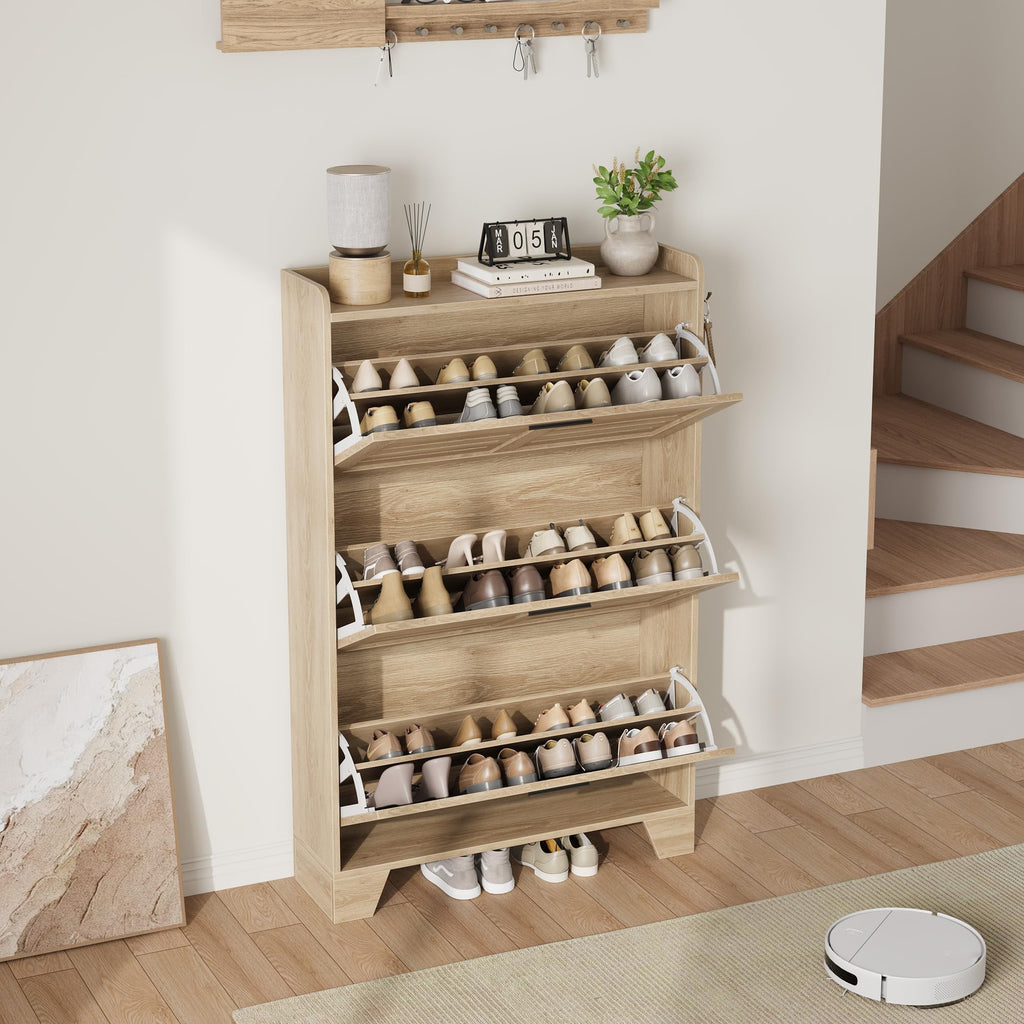 Shoe Cabinet Storage, Slim Shoe Storage Cabinet with 3 Flip Drawers, Freestanding Hidden Narrow Shoe Organizer
