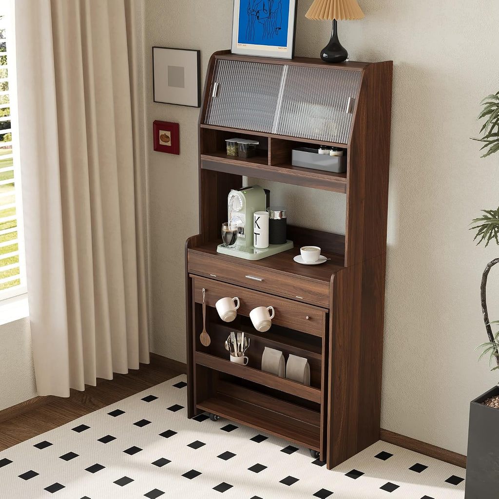 69 Inch Buffet with Hutch and Foldable Dining Table, Walnut | Walnut finish, MDF, dining room or apartment, foldable