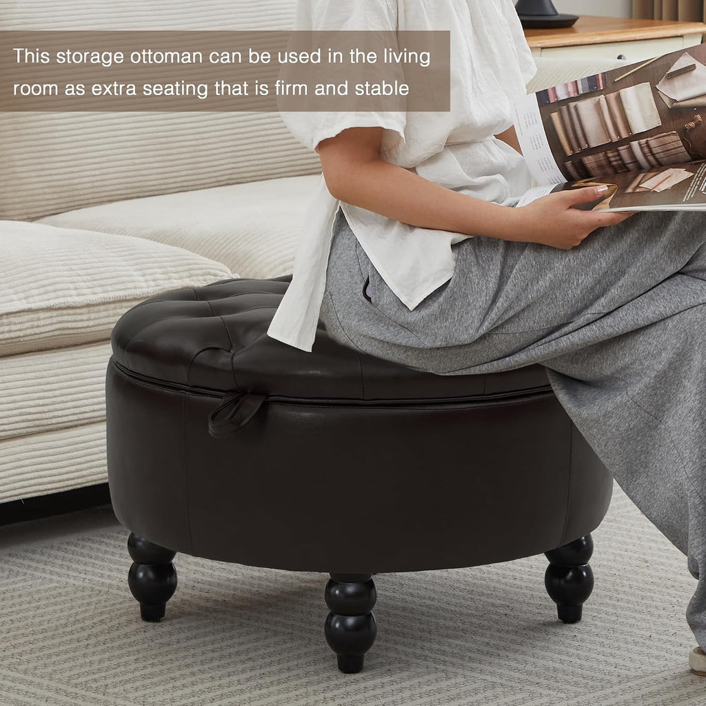 30 Inch PU Leather Round Storage Ottoman with Tray, Modern Upholstered Tufted Coffee Table with Storage, Large