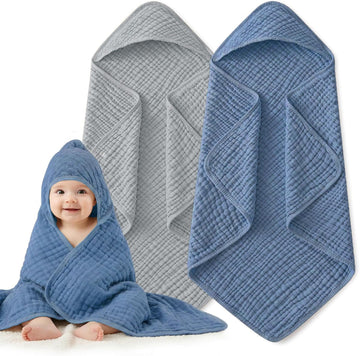 Muslin Hooded Baby Towels 2 Pack, 100% Cotton Baby Bath Towels for Newborn