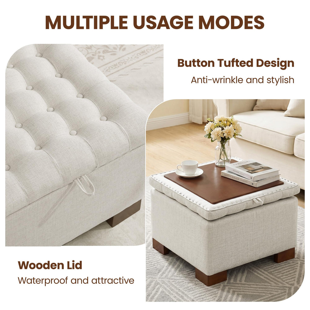 24 Inch Square Storage Ottoman Coffee Table, Modern Tufted Upholstered Ottoman with Flip Tray and Solid Wood Legs