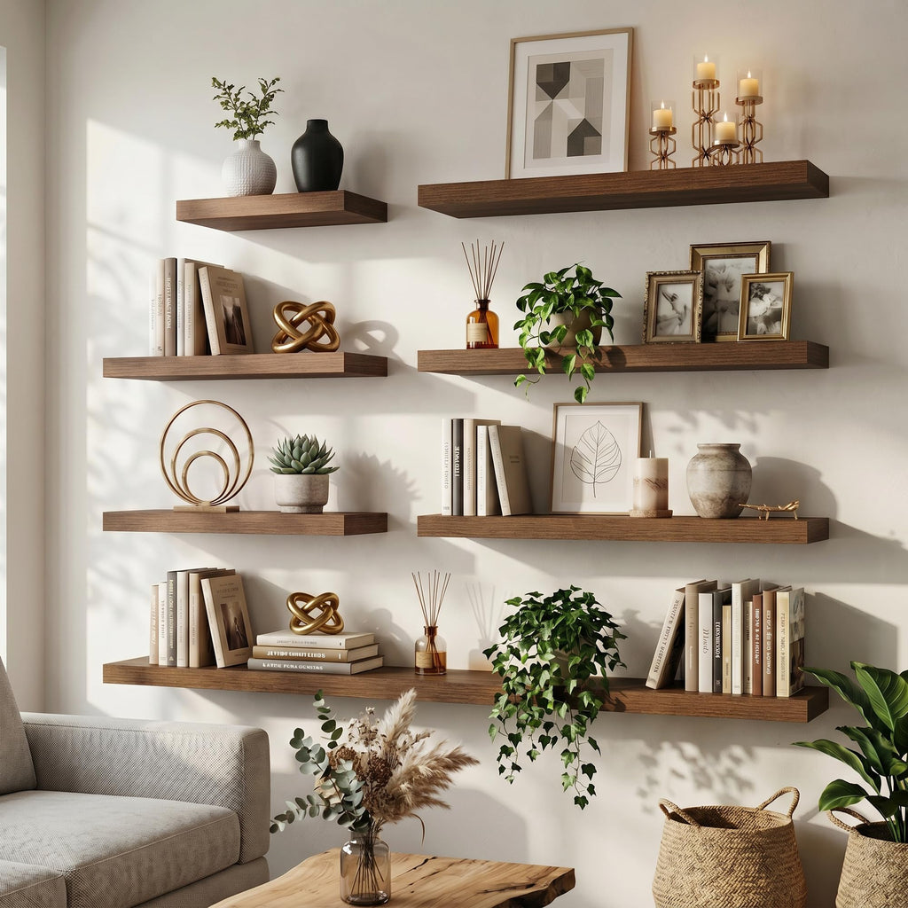 20 Inch Floating Shelves for Wall, 8"D Wood Storage Shelves, Walnut Finish