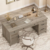 Farmhouse Executive Desk with File Drawers, 60 in Home Office Desk with Charging Station