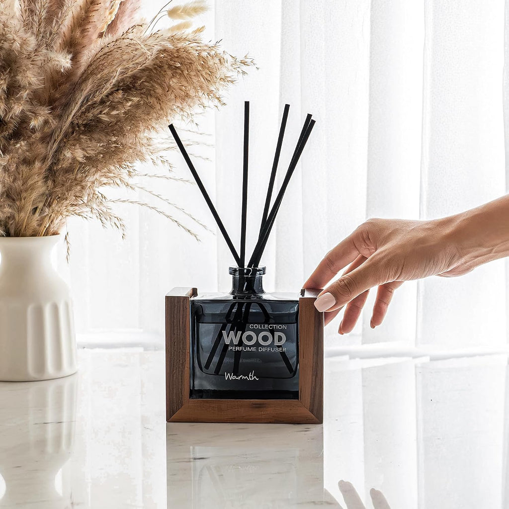Luxury Reed Diffuser Set with Scented Sticks and Essential Oil Refill in Glass Bottle, Decorative Wooden Frame
