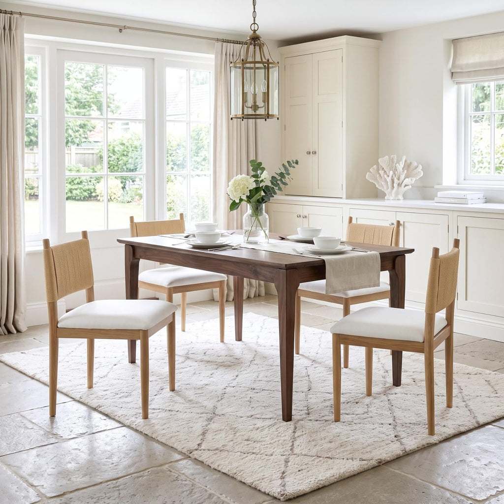 Modern Coastal Woven Dining Chairs Set of 4, Natural Oak Wood