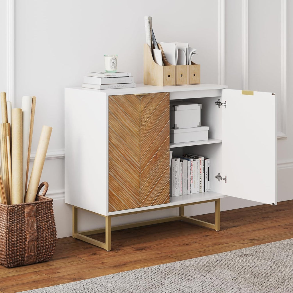 Enloe Modern Storage Free Standing Accent Cabinet White with Doors in a Rustic Pine Wood Finish and Gold