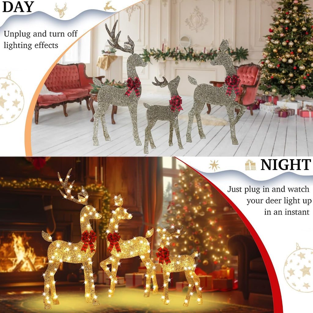 48 Inch 2.5D Gold Lighted Christmas Deer Decorations 3-Piece Outdoor Holiday Decorations Reindeer Set with 145 Warm