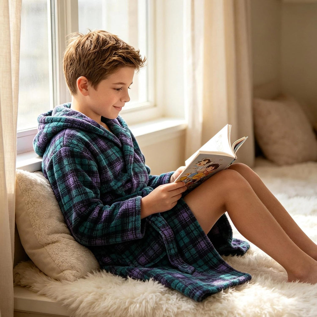 Boys Fleece Hooded Robe, Soft Print Bathrobe Kids 5-14(Green Plaid9-10)