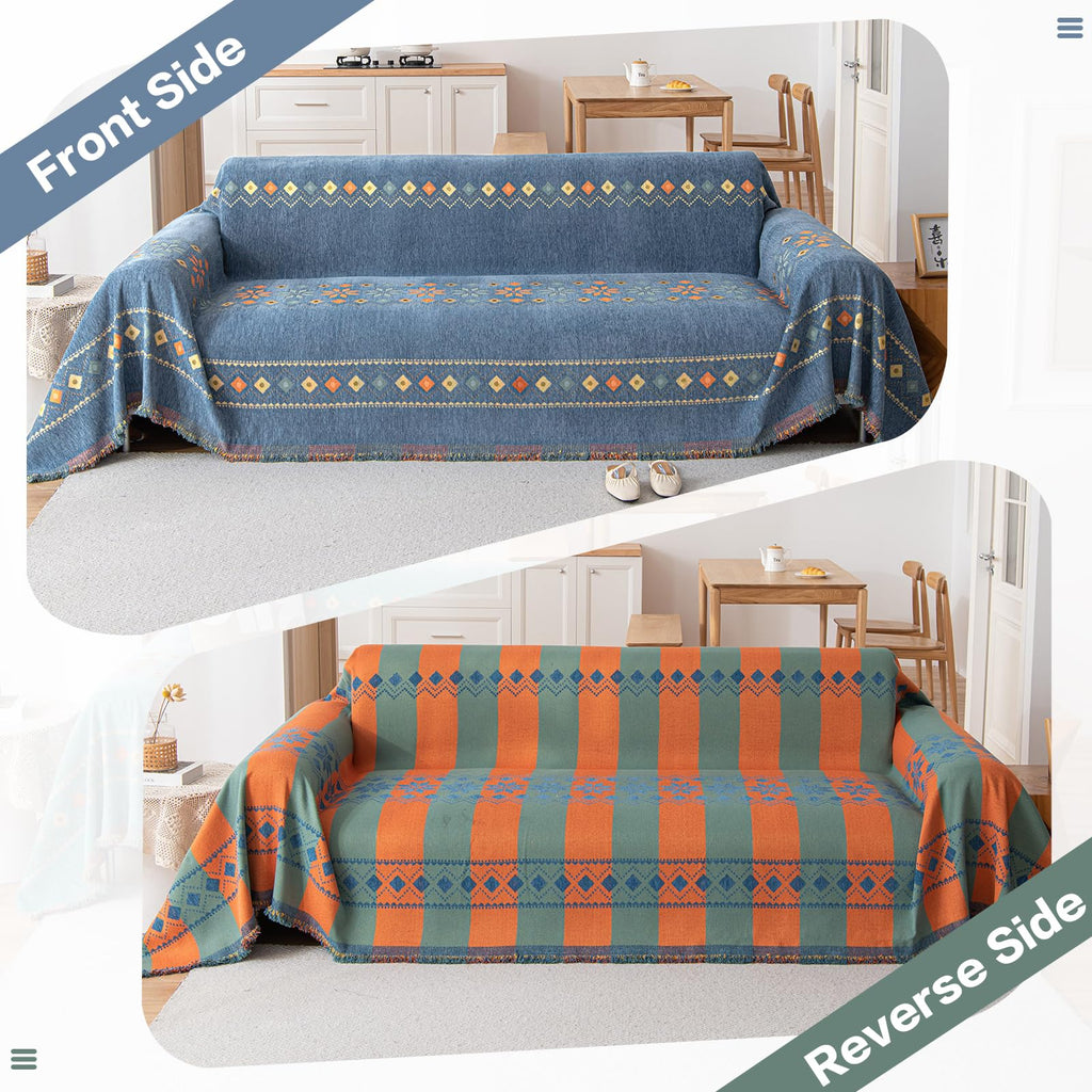 Blue Boho Couch Cover Geometric Jacquard Sofa Covers for 2 Cushion Couch Loveseat Couch Cover for Pets Dogs Vintage