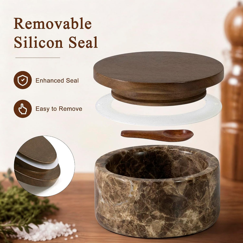 Marble Salt Cellar with Acacia Wood Lid & Spoon Brown 4" salt container