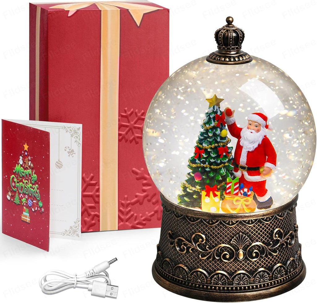 Christmas Snow Globe Lantern, Glitter Musical Snowglobe Light with Timer, USB & Battery Powered Music Box, Santa