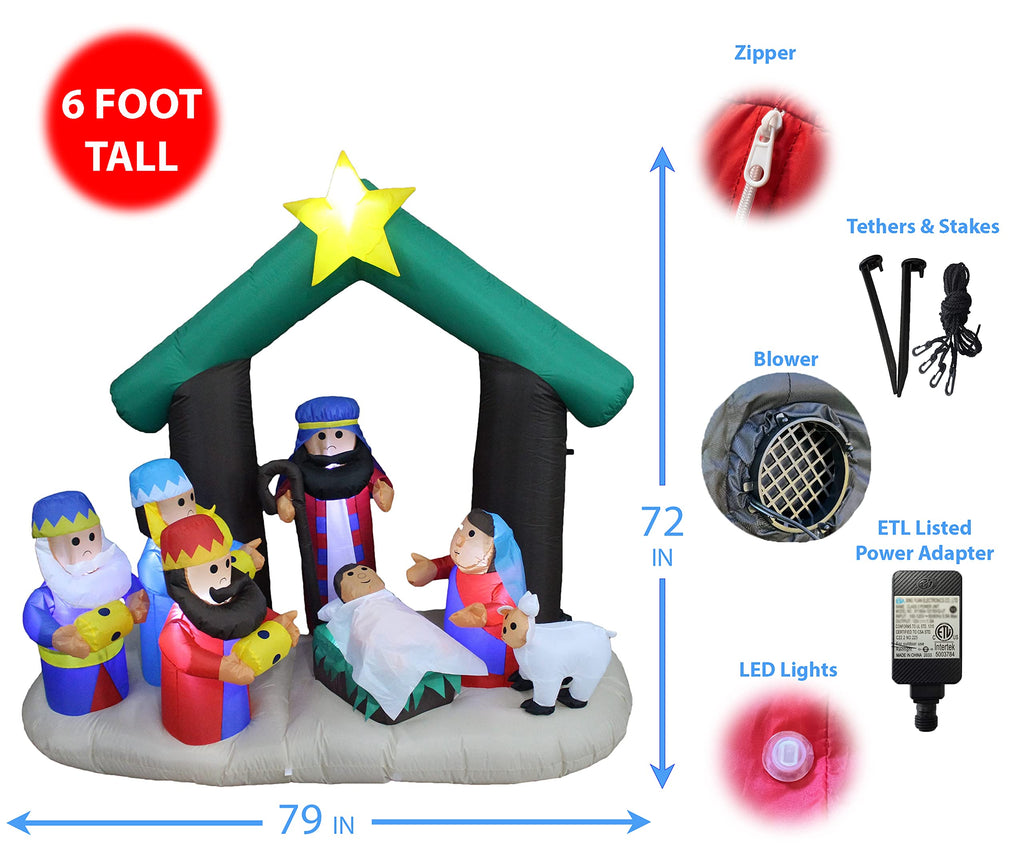 6 FT Christmas Inflatable Nativity Scene with Three Kings, Sheep & Cattle