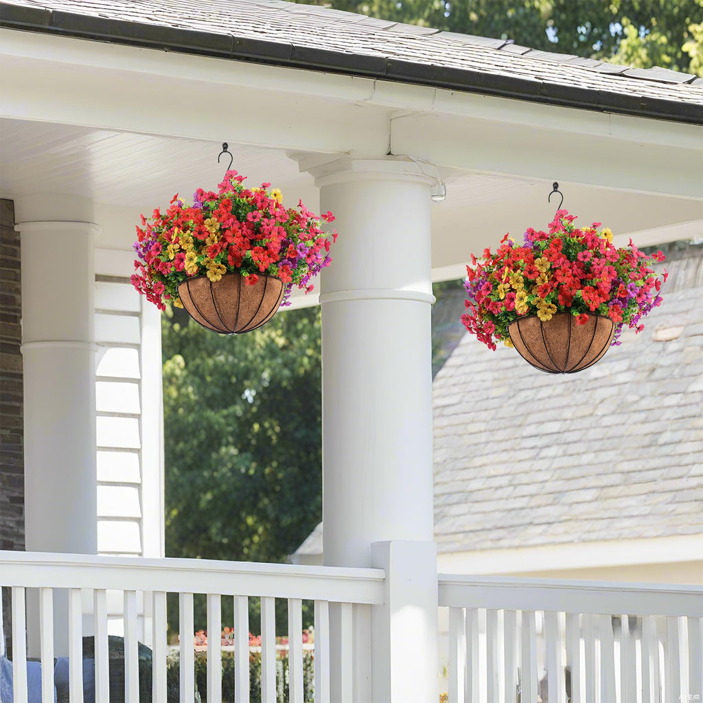 2 Set Artificial Outdoor Flowers with Hanging Basket, 2 Hanging Planters with 24 Pcs Flowers for Spring Summer Front