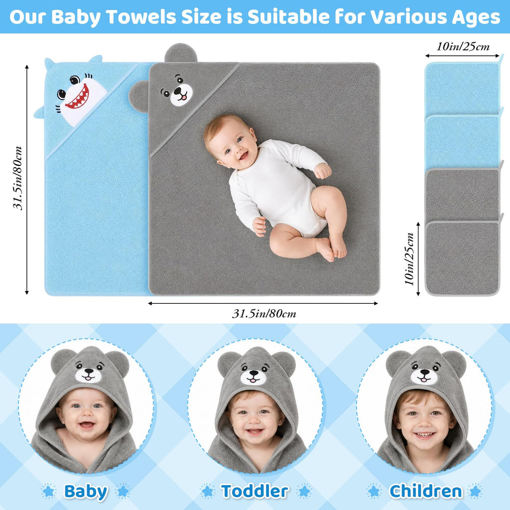 6 PCS Baby Bath Towels Set for Newborn Essentials (Shark, Bear)