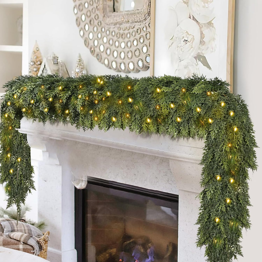 6FT Thick Christmas Cedar Garland with Lights, Layered Faux Greenery Decor