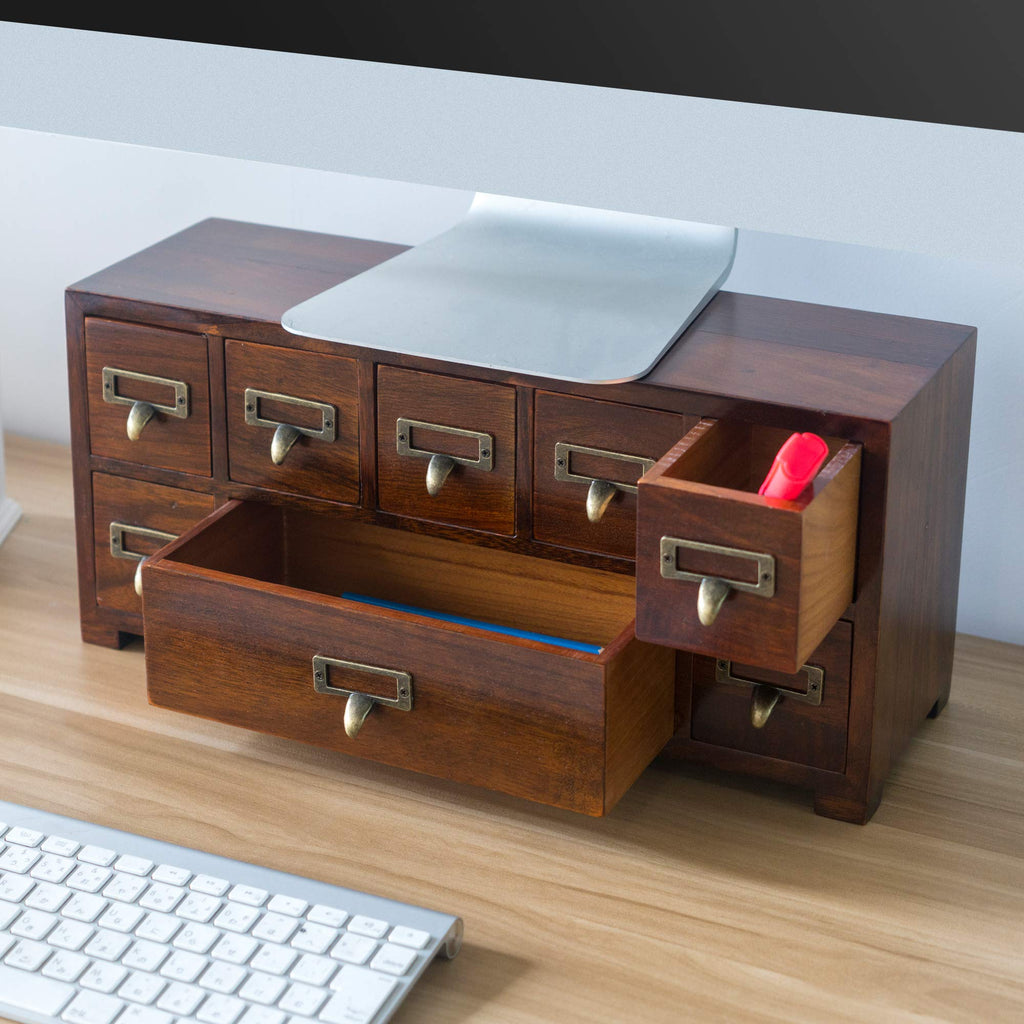 Label Holder Organizer Traditional Medicine Cabinet - Desktop Wide & Small Cabinet w/ 8 Drawers - Tabletop Apothecary
